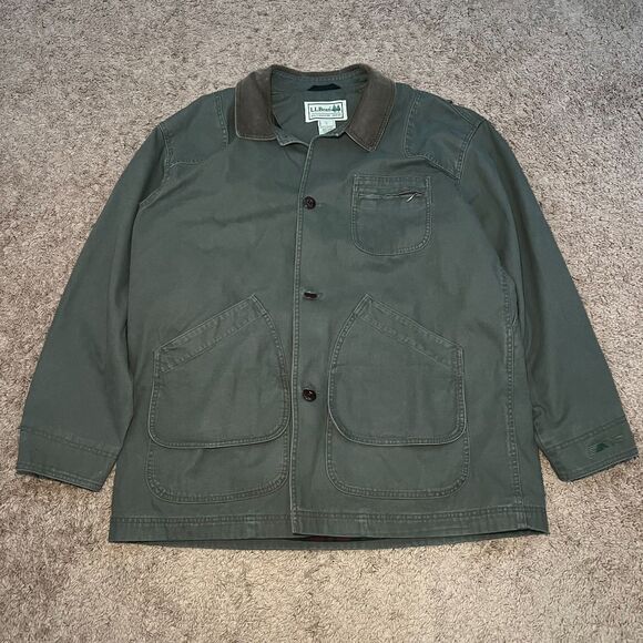 Vintage LL Bean Green Field Canvas Coat Mens Size XL Jacket Plaid Lined 0JV69 - Picture 1 of 7